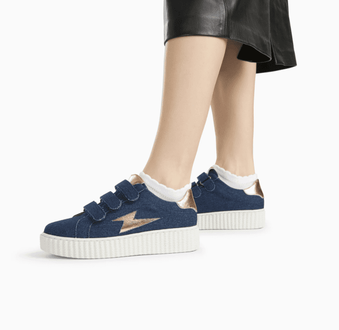 Baskets éclair Irène denim et or à scratchs