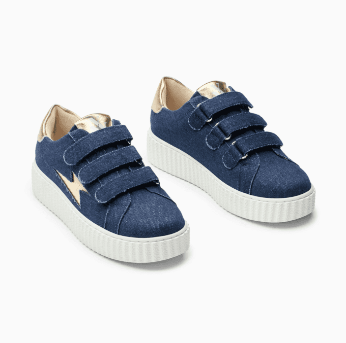 Baskets éclair Irène denim et or à scratchs