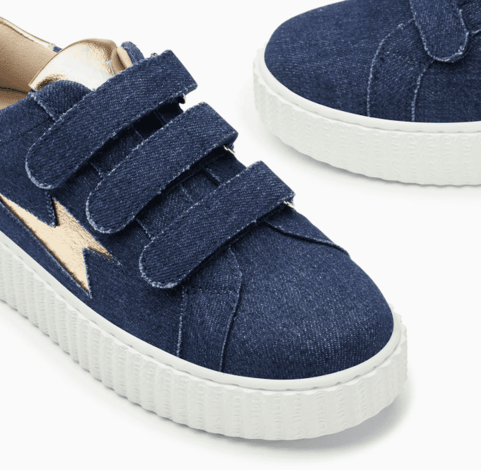 Baskets éclair Irène denim et or à scratchs
